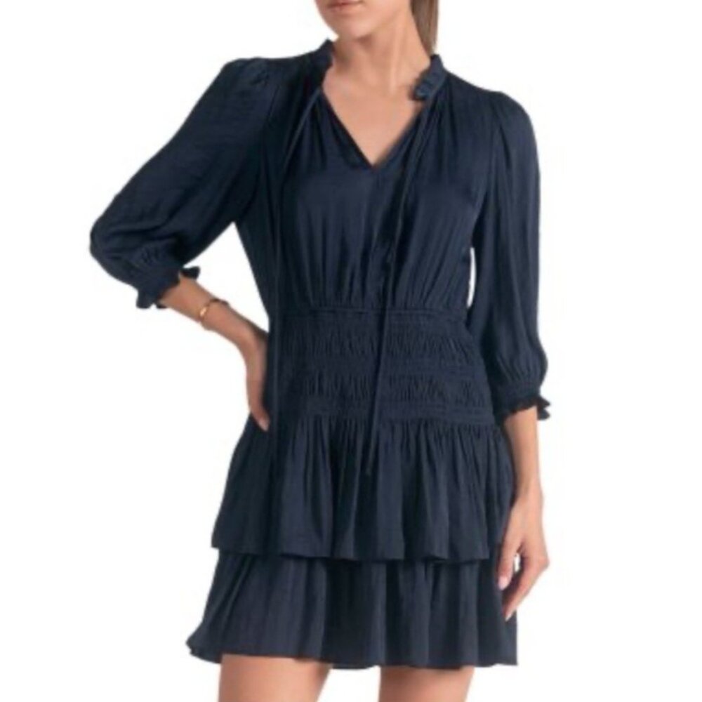 Mustard Seed Tiered Dress Medium M Navy Blue Stretch Smocked Tiered Washable NEW